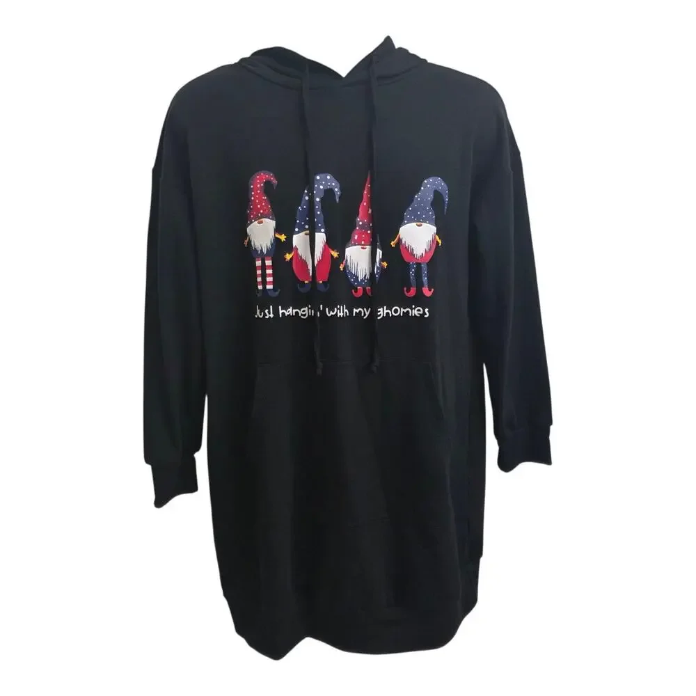 Medium Christmas Hoodie Gnome Graphic Funny Black Sweatshirt Holiday Pullover - Picture 3 of 6